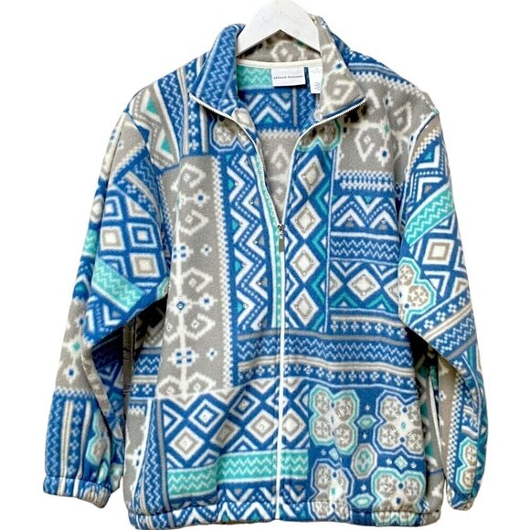 ALFRED DUNNER Fleece Zip Front Jacket Size Small Blue Boho Patchwork - Picture 1 of 8
